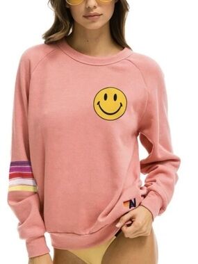 Aviator Nation 5 Stripe Smiley 2 Face Rose Petal Sweatshirt